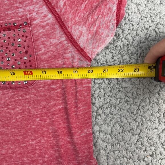 Seven7 Studded Burnout Shirt Womens Large Red Sheer Short Sleeve Pocket Tee - Picture 4 of 7
